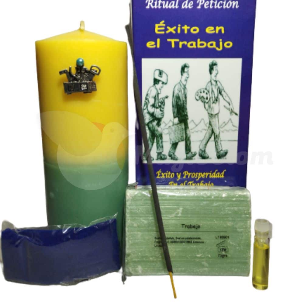 Velón de ritual éxito en el trabajo con aceite, jabón, incienso, amuleto y tela