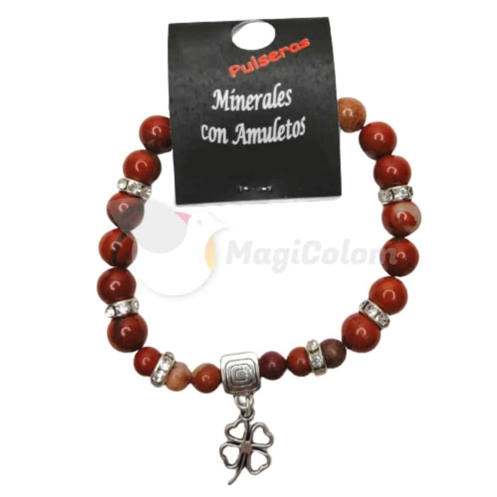 Pulsera Mineral Jaspe Rojo con Trébol de la Suerte