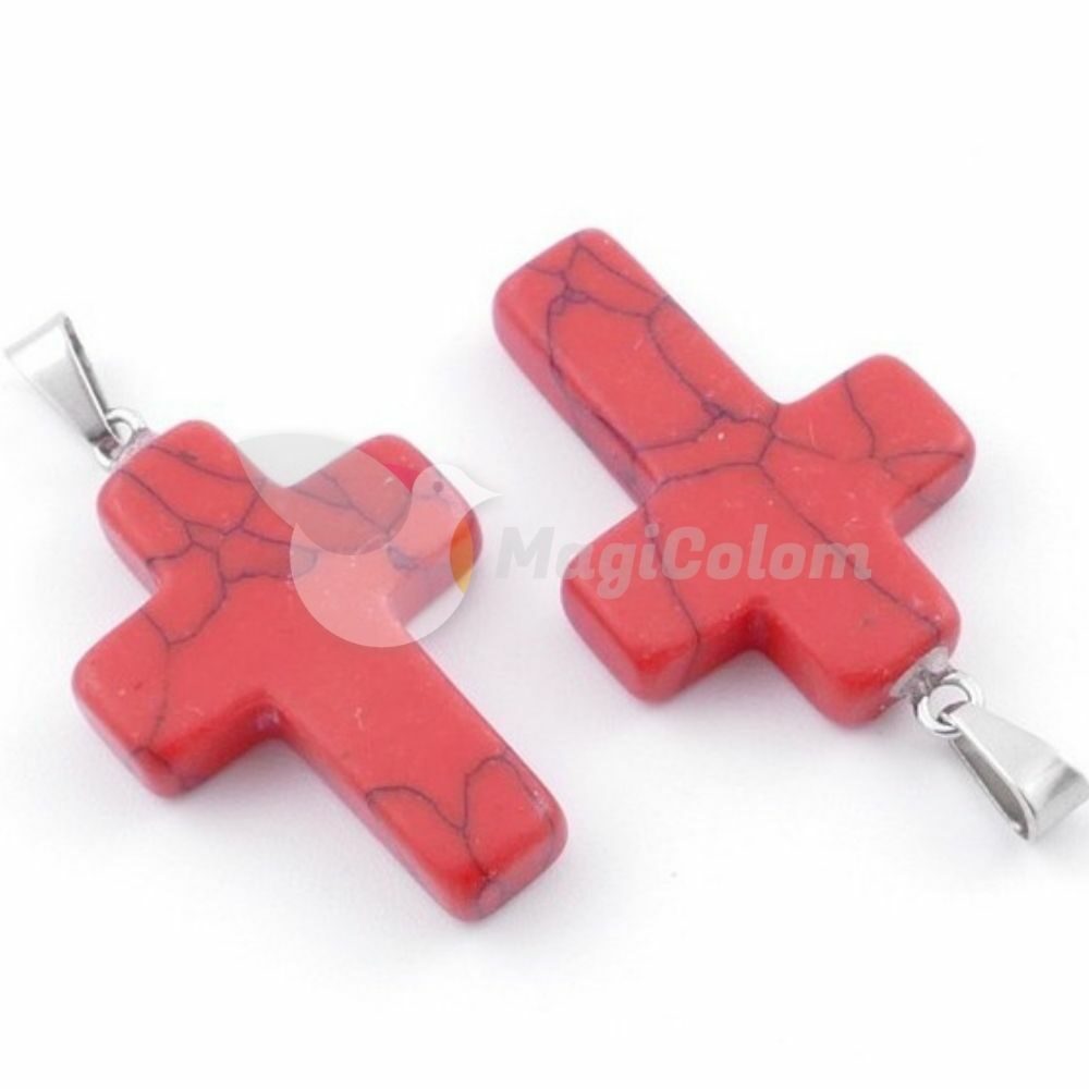Colgante Cruz Engarzada Howlite Rojo