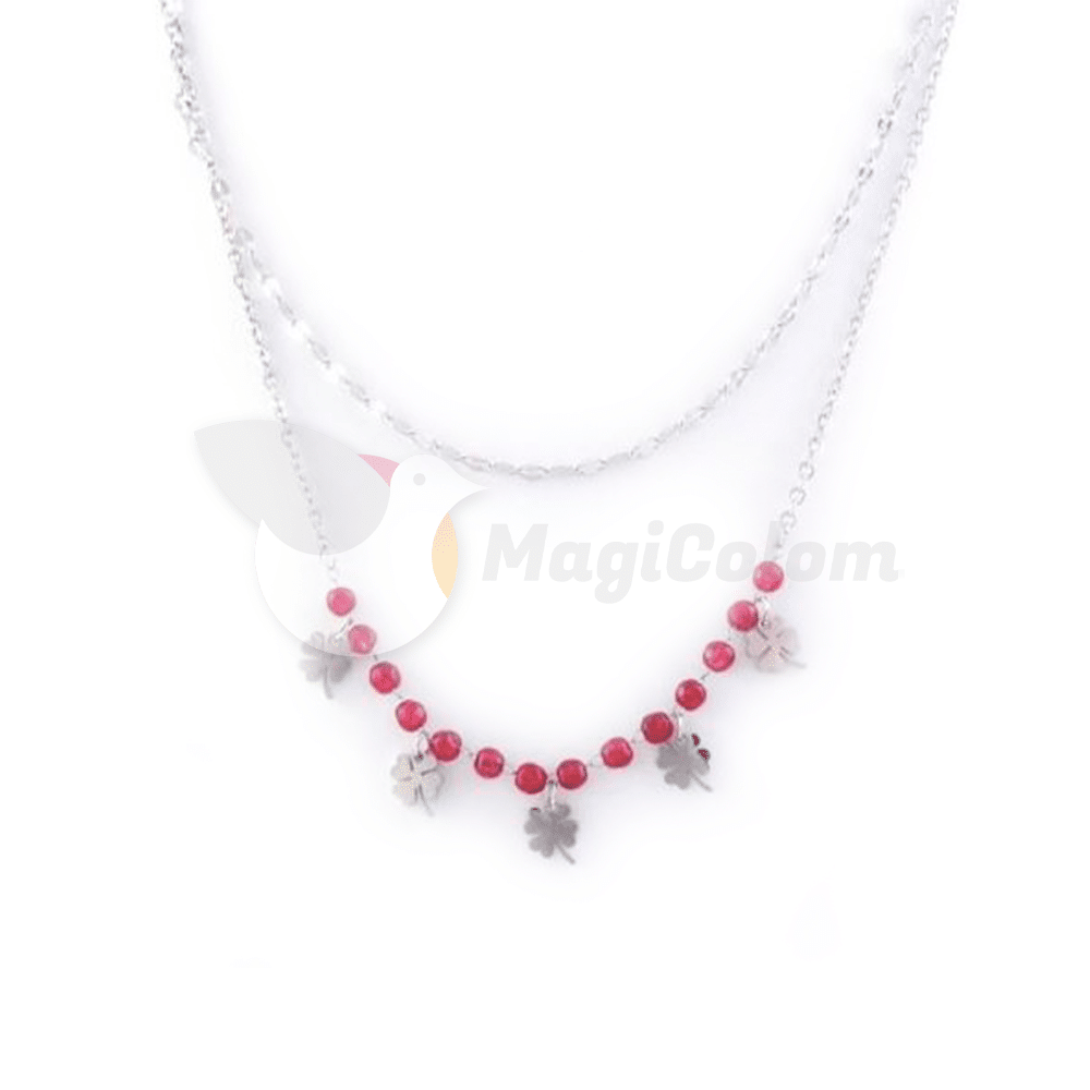 Collar Doble con Trébol y cuentas Rojas de Cristal