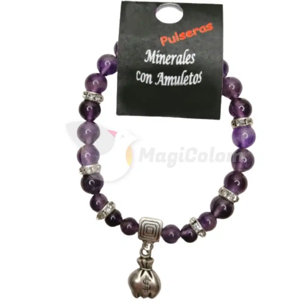 Pulsera Mineral Amatista con Morralito del Dinero