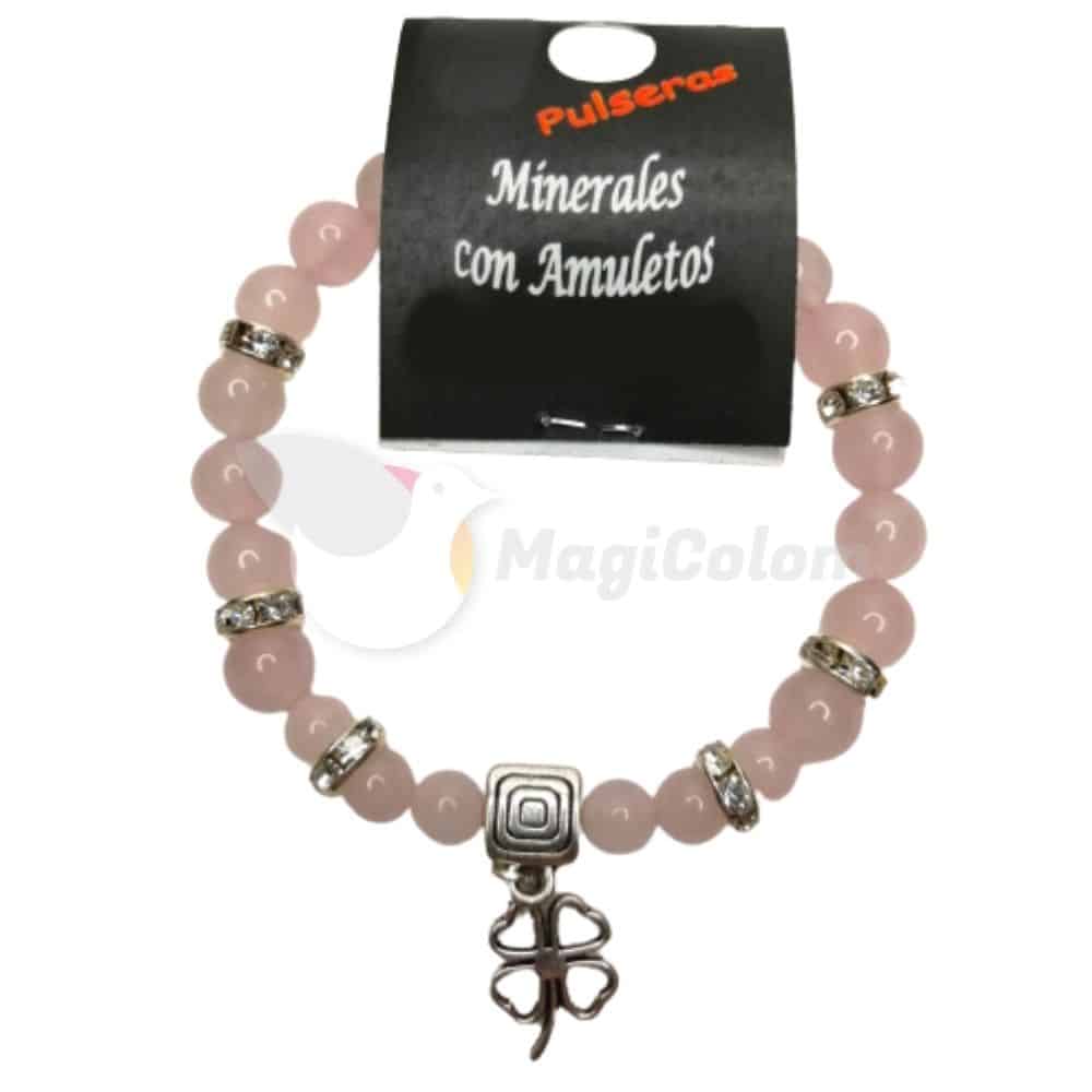 Pulsera Mineral Cuarzo Rosa con Trébol de la Suerte en el Amor